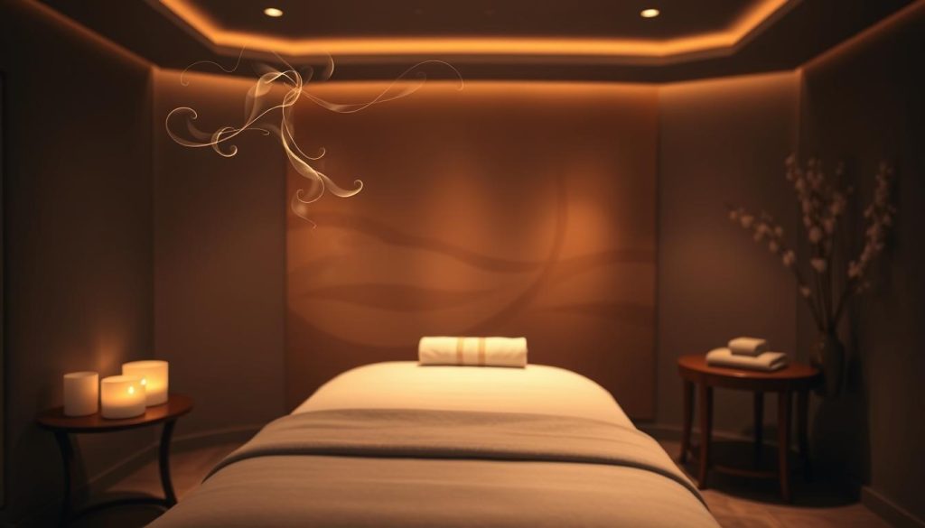 A serene, dimly lit massage studio with soothing ambient lighting. Delicate tendrils of aromatic incense drift through the air, creating a calming atmosphere. In the foreground, a plush massage table is draped with soft, luxurious linens. Towels and massage oils are neatly arranged on a nearby side table. The background features a tranquil, abstract mural with subtle, swirling patterns that evoke a sense of mental clarity and relaxation. The scene is captured through a soft, dreamy lens, conveying the mental health benefits of massage therapy - the untangling of nerves, the release of tension, and the restoration of inner peace.
