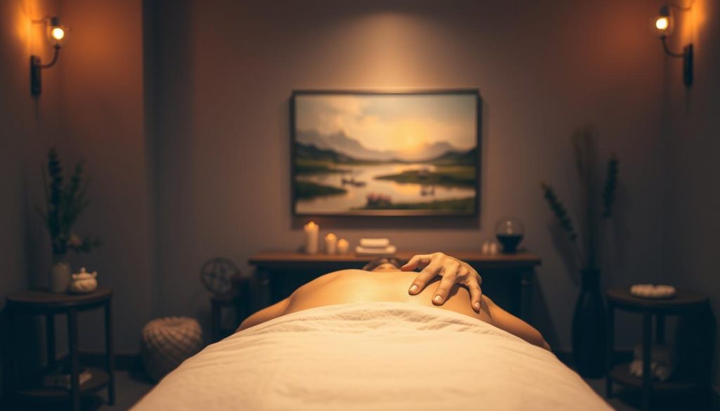 A serene, dimly lit massage studio with warm lighting. In the foreground, two hands gently kneading the muscles of a client's back, emanating a palpable energy connection. The middle ground features an elegant massage table draped in soft, natural fabrics. In the background, a soothing landscape painting and a scattering of healing crystals create a tranquil, meditative atmosphere. The entire scene exudes a sense of profound relaxation and the restoration of balanced, positive energy. A serene, dimly lit massage studio with warm lighting. In the foreground, two hands gently kneading the muscles of a client's back, emanating a palpable energy connection. The middle ground features an elegant massage table draped in soft, natural fabrics. In the background, a soothing landscape painting and a scattering of healing crystals create a tranquil, meditative atmosphere. The entire scene exudes a sense of profound relaxation and the restoration of balanced, positive energy.