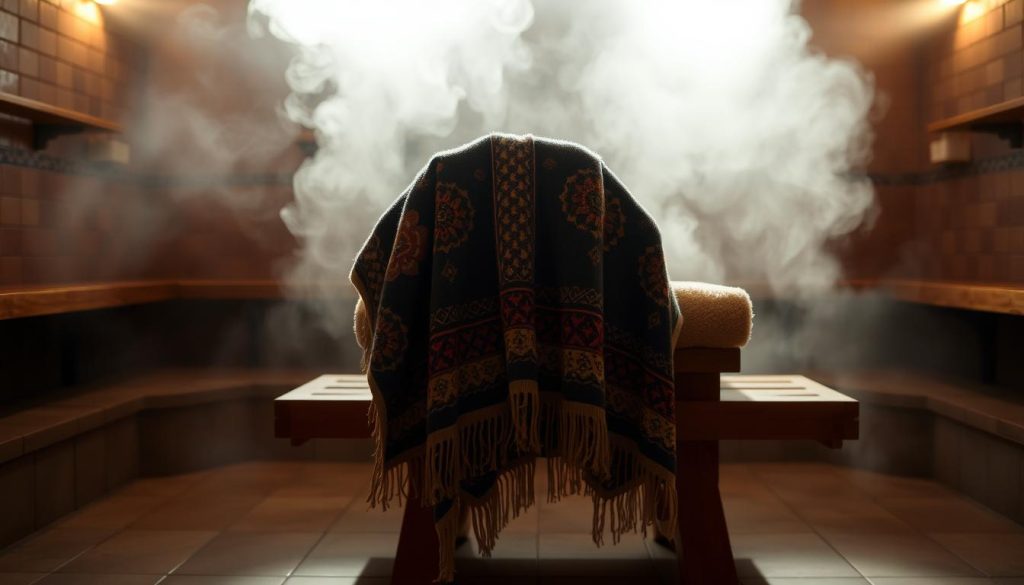 A serene hammam setting with a plush pestemal towel draped over a sturdy wooden bench. Soft, diffused lighting filters through the steam-filled air, creating an inviting, atmospheric ambiance. The towel's intricate patterns and vibrant colors stand out against the muted, earthy tones of the hammam's tiles and architecture. The scene evokes a sense of tranquility and indulgence, hinting at the luxurious, traditional experience awaiting the viewer. A serene hammam setting with a plush pestemal towel draped over a sturdy wooden bench. Soft, diffused lighting filters through the steam-filled air, creating an inviting, atmospheric ambiance. The towel's intricate patterns and vibrant colors stand out against the muted, earthy tones of the hammam's tiles and architecture. The scene evokes a sense of tranquility and indulgence, hinting at the luxurious, traditional experience awaiting the viewer.