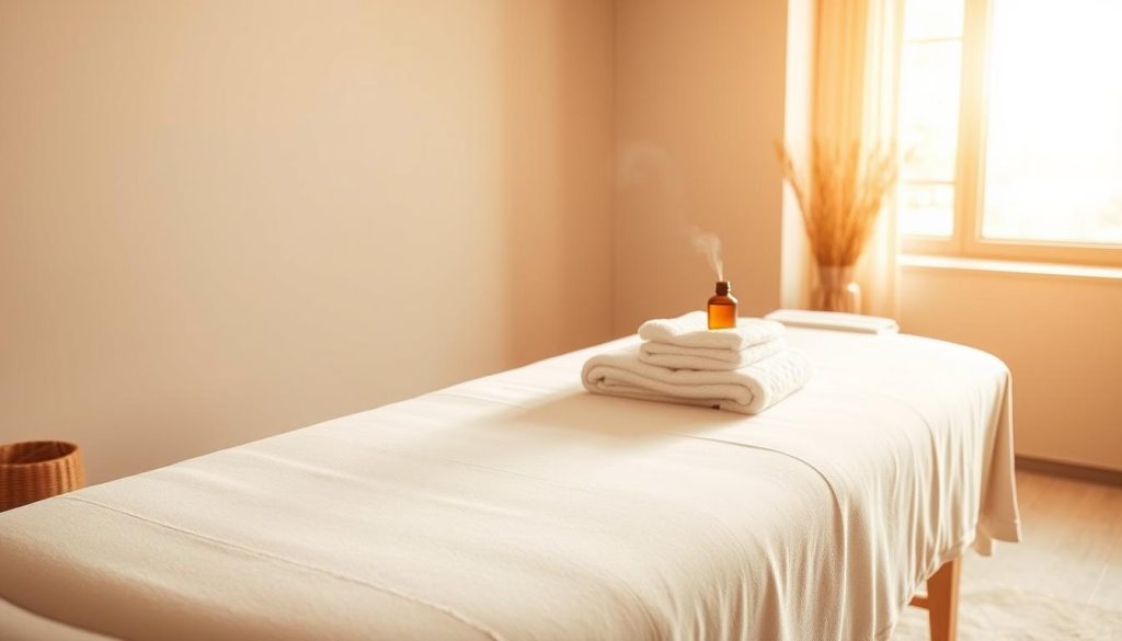 A serene massage studio, softly lit with warm, natural light filtering through large windows. The focal point is a beautifully crafted massage table, its clean lines and inviting texture drawing the eye. On the table, a stack of plush towels and a diffuser gently emitting soothing essential oils. The background is a muted, calming palette, allowing the massage elements to take center stage. The overall mood is one of tranquility and relaxation, hinting at the rejuvenating experience awaiting the viewer. A serene massage studio, softly lit with warm, natural light filtering through large windows. The focal point is a beautifully crafted massage table, its clean lines and inviting texture drawing the eye. On the table, a stack of plush towels and a diffuser gently emitting soothing essential oils. The background is a muted, calming palette, allowing the massage elements to take center stage. The overall mood is one of tranquility and relaxation, hinting at the rejuvenating experience awaiting the viewer.