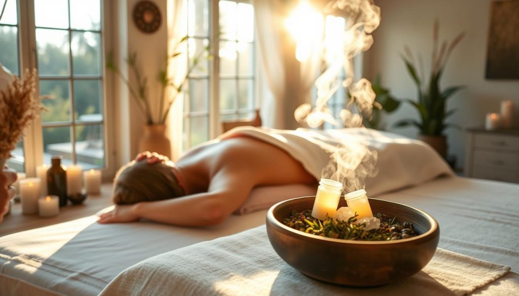 A serene massage studio with natural light filtering through large windows, casting a warm glow on the therapist's hands as they prepare organic massage oils. Gentle steam rises from a bowl of fragrant herbs, infusing the air with calming scents. The client lies on a plush massage table, surrounded by crystals, candles, and soft textiles that evoke a sense of tranquility. A subtle energy field envelops the space, as the therapist sets their intention to channel positive, restorative vibrations through their touch, guiding the client towards a state of deep relaxation and inner harmony. A serene massage studio with natural light filtering through large windows, casting a warm glow on the therapist's hands as they prepare organic massage oils. Gentle steam rises from a bowl of fragrant herbs, infusing the air with calming scents. The client lies on a plush massage table, surrounded by crystals, candles, and soft textiles that evoke a sense of tranquility. A subtle energy field envelops the space, as the therapist sets their intention to channel positive, restorative vibrations through their touch, guiding the client towards a state of deep relaxation and inner harmony.