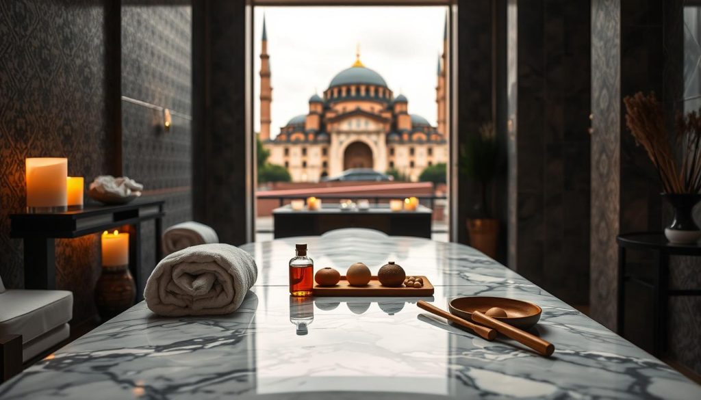 A serene spa setting in Istanbul, Turkey, showcasing an array of massage treatment options. The foreground features an exquisite marble table adorned with plush towels, aromatic oils, and traditional Turkish massage tools. The middle ground highlights a tranquil, dimly lit room with ornate tiled walls and soft ambient lighting, creating a calming atmosphere. The background depicts the iconic Hagia Sophia Mosque, a testament to the city's rich cultural heritage, visible through a large window. Warm, earthy tones and a sense of luxury and relaxation permeate the scene, inviting the viewer to indulge in the restorative powers of Istanbul's massage magic.