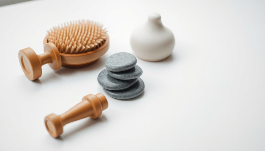 A simple, elegant arrangement of minimalist massage tools resting on a smooth, white surface. In the foreground, a Japanese-inspired wooden massage roller and a set of smooth, river-washed stones. In the middle ground, a clean-lined, natural-fiber brush and a minimalist, ceramic essential oil diffuser. The lighting is soft and diffused, creating a serene, calming atmosphere. The overall composition emphasizes the simplicity and functionality of these carefully curated, high-quality massage products.