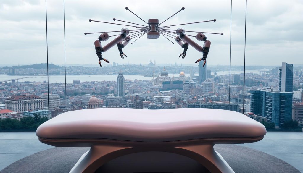 A sleek, futuristic massage table stands in the foreground, its smooth lines and elegant design exuding a sense of technological sophistication. Overhead, a network of delicate robotic arms hovers, their movements choreographed with precision, ready to deliver a personalized massage experience. In the background, a panoramic view of the bustling city of Istanbul unfolds, its iconic landmarks and towering skyscrapers providing a dramatic urban backdrop. The lighting is soft and indirect, creating a serene and calming atmosphere, while the camera angle captures the scene from a slightly elevated perspective, emphasizing the harmony between the advanced massage technology and the vibrant city it inhabits. A sleek, futuristic massage table stands in the foreground, its smooth lines and elegant design exuding a sense of technological sophistication. Overhead, a network of delicate robotic arms hovers, their movements choreographed with precision, ready to deliver a personalized massage experience. In the background, a panoramic view of the bustling city of Istanbul unfolds, its iconic landmarks and towering skyscrapers providing a dramatic urban backdrop. The lighting is soft and indirect, creating a serene and calming atmosphere, while the camera angle captures the scene from a slightly elevated perspective, emphasizing the harmony between the advanced massage technology and the vibrant city it inhabits.