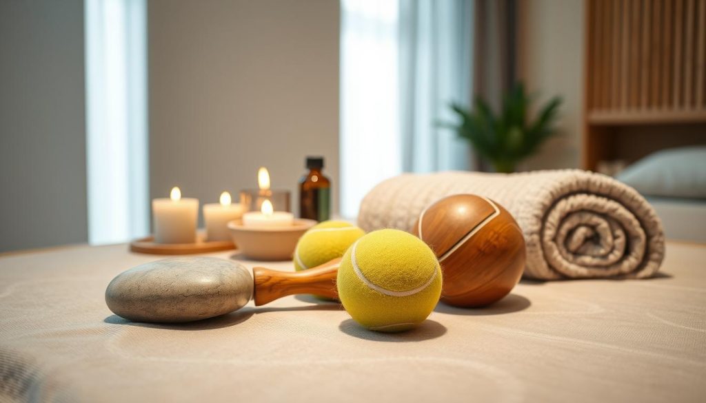 A still life composition showcasing an assortment of massage tools and techniques. In the foreground, a smooth river stone, a wooden massage roller, and a tennis ball lie atop a soft, neutral-toned fabric. The middle ground features a set of aromatherapy candles, a small bowl of essential oils, and a plush, textured towel. The background is a softly-lit, minimalist interior setting, with natural wooden accents and muted, calming colors. The lighting is warm and diffused, creating a soothing, spa-like atmosphere. The overall scene conveys a sense of tranquility and the personal care inherent in the massage experience. A still life composition showcasing an assortment of massage tools and techniques. In the foreground, a smooth river stone, a wooden massage roller, and a tennis ball lie atop a soft, neutral-toned fabric. The middle ground features a set of aromatherapy candles, a small bowl of essential oils, and a plush, textured towel. The background is a softly-lit, minimalist interior setting, with natural wooden accents and muted, calming colors. The lighting is warm and diffused, creating a soothing, spa-like atmosphere. The overall scene conveys a sense of tranquility and the personal care inherent in the massage experience.