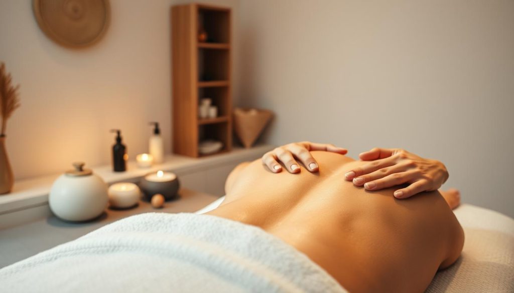 A tranquil massage studio in Istanbul, with a softly lit atmosphere. In the foreground, a pair of skilled hands expertly work the muscles of a person's back, kneading away tension and releasing knots. The middle ground showcases various massage tools and oils, their textures and colors creating a soothing visual harmony. The background is a serene, minimalist setting, with clean lines and muted tones that enhance the calming ambiance. The lighting is warm and diffused, casting a gentle glow over the scene, evoking a sense of rejuvenation and relaxation.