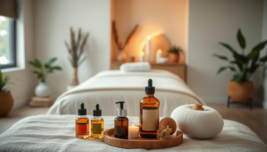 A tranquil, serene massage treatment plan captured in a soft, intimate lighting. In the foreground, delicate essential oils and massage tools are meticulously arranged, hinting at the personalized care to come. The middle ground features a plush, inviting massage table, its crisp linens beckoning the client to relax. In the background, a calming, minimalist interior with soothing natural elements, like plants and candles, creates a sense of sanctuary. The overall atmosphere evokes a feeling of profound care and attention to detail, reflecting the compassionate approach of the boutique massage therapist.