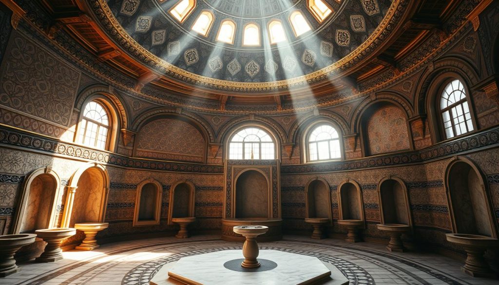 An ornate Ottoman-era hammam, with its domed ceilings, intricate tiled walls, and warm, atmospheric lighting. The central marble ablution platform is surrounded by alcoves and recesses, hinting at the ritual cleansing that once took place here. Sunlight streams in through high windows, casting a soft, golden glow over the scene. The architectural details are exquisitely rendered, from the arabesque patterns to the ornate fountains and recessed niches. The overall impression is one of timeless elegance and the rich history of this traditional Turkish bathing culture. An ornate Ottoman-era hammam, with its domed ceilings, intricate tiled walls, and warm, atmospheric lighting. The central marble ablution platform is surrounded by alcoves and recesses, hinting at the ritual cleansing that once took place here. Sunlight streams in through high windows, casting a soft, golden glow over the scene. The architectural details are exquisitely rendered, from the arabesque patterns to the ornate fountains and recessed niches. The overall impression is one of timeless elegance and the rich history of this traditional Turkish bathing culture.