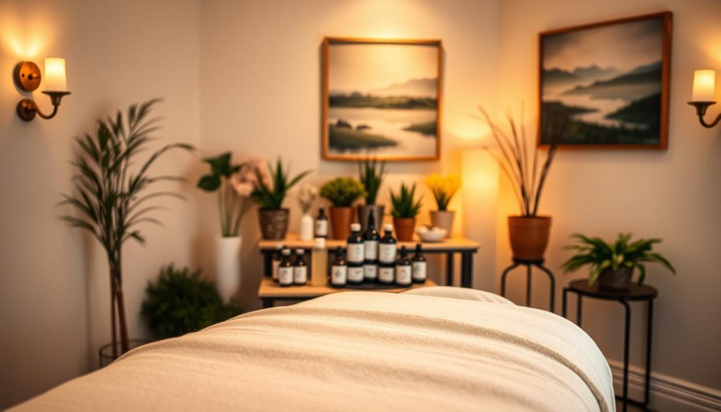 a cozy and inviting massage therapy room, with a massage table in the foreground, draped in soft, plush linens. The lighting is warm and soothing, coming from sconces on the walls, casting a gentle glow on the surroundings. In the middle ground, a variety of massage oils and lotions are neatly arranged on a side table, their labels prominently displayed. The background features serene, nature-inspired decor, such as potted plants and artwork depicting serene landscapes, creating a calming and rejuvenating atmosphere. The overall scene conveys the relaxing and immune-boosting benefits of a classic Swedish massage. a cozy and inviting massage therapy room, with a massage table in the foreground, draped in soft, plush linens. The lighting is warm and soothing, coming from sconces on the walls, casting a gentle glow on the surroundings. In the middle ground, a variety of massage oils and lotions are neatly arranged on a side table, their labels prominently displayed. The background features serene, nature-inspired decor, such as potted plants and artwork depicting serene landscapes, creating a calming and rejuvenating atmosphere. The overall scene conveys the relaxing and immune-boosting benefits of a classic Swedish massage.
