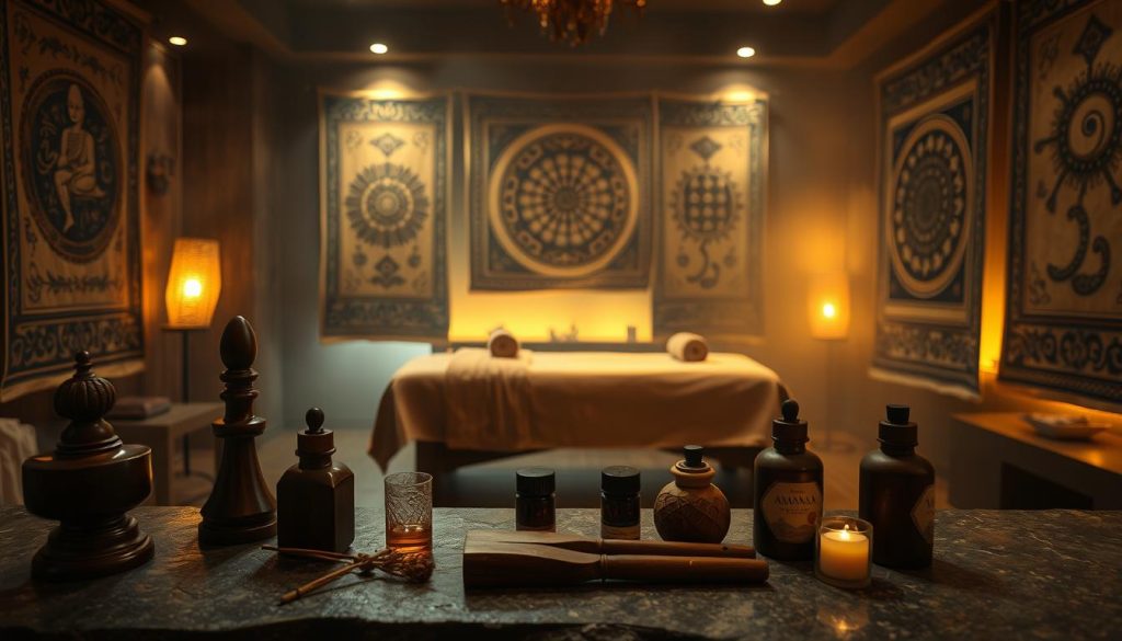 a dimly lit massage studio with warm ambient lighting, showcasing ancient massage techniques blending seamlessly with modern elements. In the foreground, intricately carved wooden massage tools and aromatic oils are neatly arranged on a polished stone surface. The mid-ground features a serene massage table draped in luxurious fabrics, surrounded by hanging tapestries depicting intricate patterns and symbols from various ancient massage traditions. The background is hazy and atmospheric, with soft, diffused lighting highlighting the sense of timeless elegance and tranquility. The overall composition evokes a harmonious fusion of the time-honored and the contemporary, creating a visually captivating and immersive experience. a dimly lit massage studio with warm ambient lighting, showcasing ancient massage techniques blending seamlessly with modern elements. In the foreground, intricately carved wooden massage tools and aromatic oils are neatly arranged on a polished stone surface. The mid-ground features a serene massage table draped in luxurious fabrics, surrounded by hanging tapestries depicting intricate patterns and symbols from various ancient massage traditions. The background is hazy and atmospheric, with soft, diffused lighting highlighting the sense of timeless elegance and tranquility. The overall composition evokes a harmonious fusion of the time-honored and the contemporary, creating a visually captivating and immersive experience.