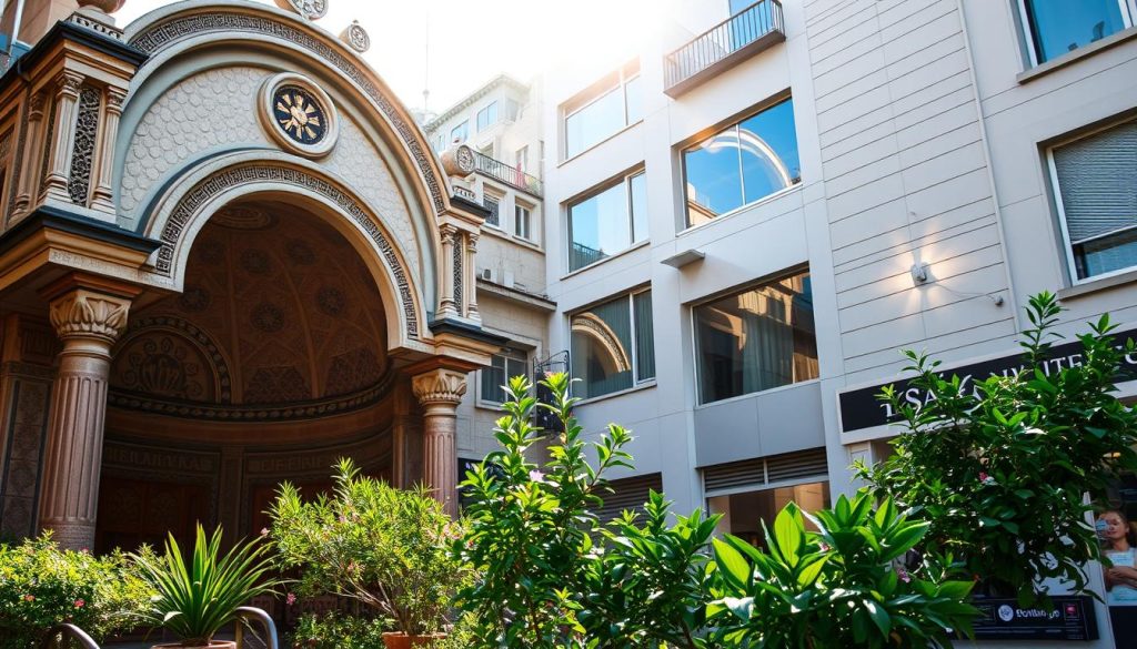 A bustling Turkish street scene, with the ornate facades of a traditional hamam (Turkish bath) and a contemporary spa juxtaposed side by side. The hamam's intricate tile work and domed architecture stand in contrast to the sleek, modern lines of the spa. Sunlight filters through the windows, casting warm, golden hues across the scene. In the foreground, lush greenery and potted plants add a touch of tranquility, while the background is alive with the vibrant energy of the city. The overall atmosphere evokes the fusion of old and new, tradition and modernity, that defines Istanbul's unique massage and spa landscape.