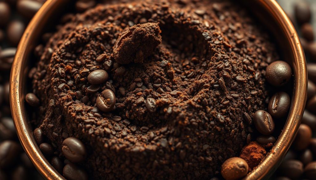 A close-up view of a richly textured Turkish coffee scrub, its dark brown grains glistening under warm, golden-hued lighting. The coarse, grainy exfoliant is artfully arranged in a traditional Turkish copper bowl, surrounded by aromatic whole coffee beans and a sprinkle of finely ground coffee powder. The overall composition evokes the warmth, depth, and sensorial experience of an authentic Istanbul hammam treatment, capturing the spirit of the city's ancient wellness rituals.