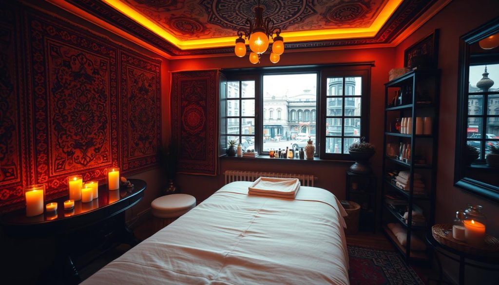 A cozy, dimly lit massage studio in Istanbul's historic Sultanahmet district. Warm, amber-hued lighting casts a soothing glow across the room, illuminating ornate Turkish rugs, intricate ceiling patterns, and an array of scented candles and essential oil diffusers. In the foreground, a plush massage table sits draped in soft, plush linens, inviting visitors to indulge in a rejuvenating treatment. The middle ground showcases a selection of massage oils, lotions, and tools, each one promising a unique therapeutic experience. In the background, glimpses of the bustling city streets can be seen through a window, a stark contrast to the tranquil sanctuary within.