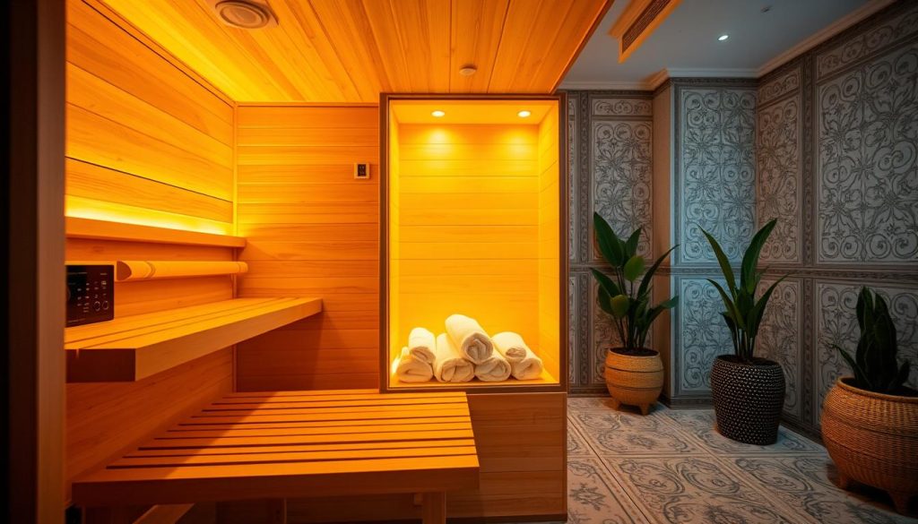 A cozy infrared sauna nestled in an elegant Istanbul spa, bathed in a warm, amber glow. The foreground features a wooden bench and control panel, inviting guests to bask in the soothing heat. The middle ground reveals plush towels and a serene atmosphere, while the background showcases ornate tile work and potted plants, creating a sense of tranquility. The lighting is soft and diffused, casting a therapeutic ambiance throughout the space. The camera angle is slightly elevated, capturing the intimate yet modern setting, perfect for a boutique massage studio experience.