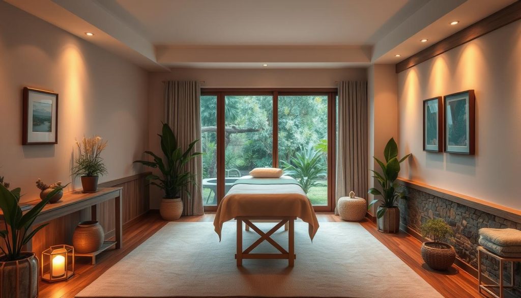 A cozy, intimate massage room with soft lighting, natural wood and stone accents, and plush textiles. Warm ambient lighting casts a gentle glow, creating a serene, relaxing atmosphere. A single massage table stands in the center, draped with high-quality linens. Potted plants and subtle artwork adorn the walls, adding a touch of elegance. Large windows offer a view of a lush, tranquil garden, blurring the boundaries between indoor and outdoor spaces. The overall scene conveys a sense of personalized luxury and care, inviting the viewer to experience a truly boutique massage.