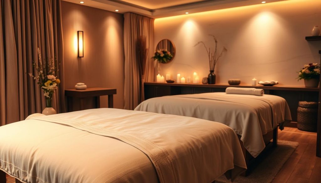 A cozy, inviting boutique massage studio with warm lighting, rich textures, and a serene atmosphere. The foreground features plush, high-quality massage tables draped in soft, luxurious linens. In the middle ground, delicate floral arrangements and candles create a tranquil, spa-like ambiance. The background showcases elegant, minimalist decor with natural elements like wood and stone, conveying a sense of balance and harmony. The lighting is gentle, casting a soft, flattering glow and creating an intimate, personalized experience. The overall mood is one of relaxation, indulgence, and elevated attention to detail. A cozy, inviting boutique massage studio with warm lighting, rich textures, and a serene atmosphere. The foreground features plush, high-quality massage tables draped in soft, luxurious linens. In the middle ground, delicate floral arrangements and candles create a tranquil, spa-like ambiance. The background showcases elegant, minimalist decor with natural elements like wood and stone, conveying a sense of balance and harmony. The lighting is gentle, casting a soft, flattering glow and creating an intimate, personalized experience. The overall mood is one of relaxation, indulgence, and elevated attention to detail.