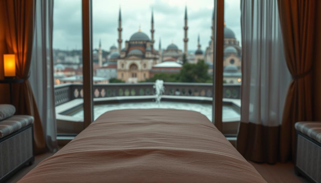 A cozy massage studio in Istanbul, with warm lighting and soothing textiles. In the foreground, a plush massage table awaits, its crisp linens inviting weary travelers to indulge. The middle ground features a tranquil water feature, its gentle sounds promoting relaxation. The background showcases the iconic domes and minarets of the city, hinting at the cultural richness beyond the studio's doors. The overall atmosphere is one of calm, comfort, and the promise of rejuvenation, perfect for a post-activity massage experience.