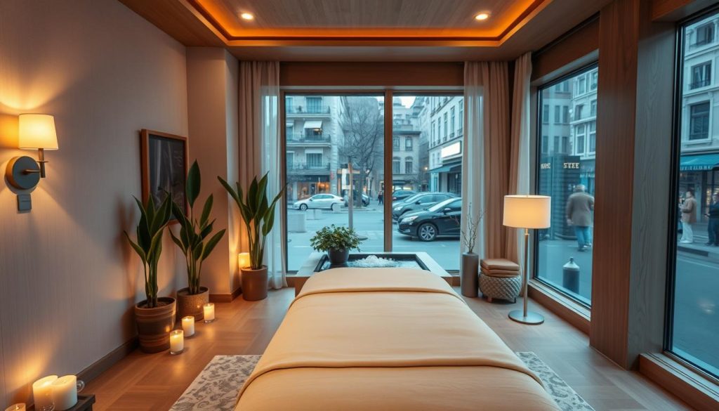 A cozy, well-lit Beyoğlu massage parlor with a modern, minimalist aesthetic. The interior features soft, neutral tones, natural wood accents, and sleek, contemporary furnishings. Warm lighting from sconces and floor lamps casts a gentle, soothing glow across the space. The foreground showcases a single massage table, draped with luxurious linens, surrounded by potted plants and ambient candles. In the middle ground, a tranquil water feature bubbles softly. The background reveals a wall of large windows overlooking the vibrant Beyoğlu streetscape beyond, hinting at the central, yet intimate location. An atmosphere of refined comfort and personal pampering pervades the scene.