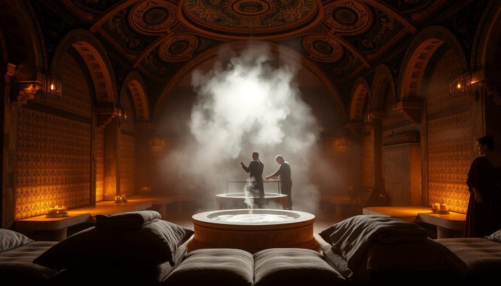 A dimly lit, cavernous Ottoman hammam interior, the air thick with steam and the scent of aromatic oils. Ornate arched ceilings, intricately tiled walls, and a central marble plinth with steaming water. Warm, muted lighting casts a golden glow, creating an atmosphere of tranquility and rejuvenation. In the foreground, plush Ottoman-style cushions and towels invite visitors to relax and unwind. The middle ground reveals massage therapists in traditional attire, their hands skillfully kneading away tension. The background fades into a hazy, ethereal scene, evoking the sense of timelessness and the enduring healing traditions of Istanbul's hammam heritage. A dimly lit, cavernous Ottoman hammam interior, the air thick with steam and the scent of aromatic oils. Ornate arched ceilings, intricately tiled walls, and a central marble plinth with steaming water. Warm, muted lighting casts a golden glow, creating an atmosphere of tranquility and rejuvenation. In the foreground, plush Ottoman-style cushions and towels invite visitors to relax and unwind. The middle ground reveals massage therapists in traditional attire, their hands skillfully kneading away tension. The background fades into a hazy, ethereal scene, evoking the sense of timelessness and the enduring healing traditions of Istanbul's hammam heritage.