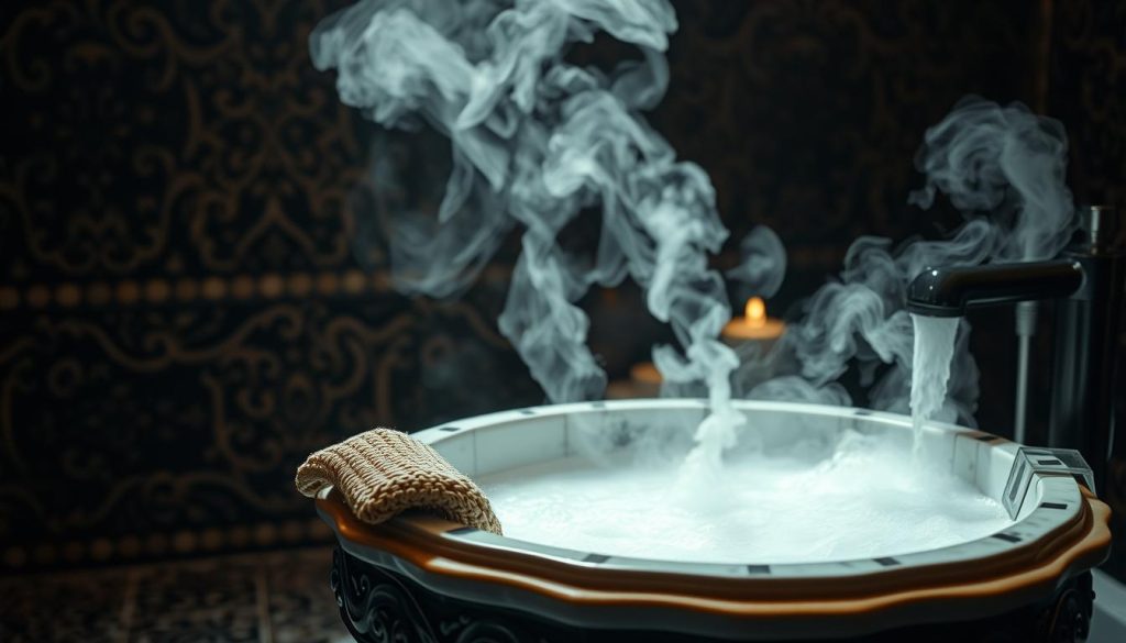 A dimly lit, luxurious bathroom interior. In the foreground, an ornate marble basin filled with warm water and fragrant suds. Wisps of steam rise, creating an atmospheric haze. In the middle ground, a traditional Turkish kese mitt, its coarse texture inviting a thorough exfoliation ritual. The background features intricate mosaic tiles in rich, earthy tones, reflecting the centuries-old heritage of this timeless beauty practice. Soft, ambient lighting casts a gentle glow, evoking a sense of tranquility and indulgence. The overall scene conveys an experience of pampering and rejuvenation, transporting the viewer to an oasis of relaxation.