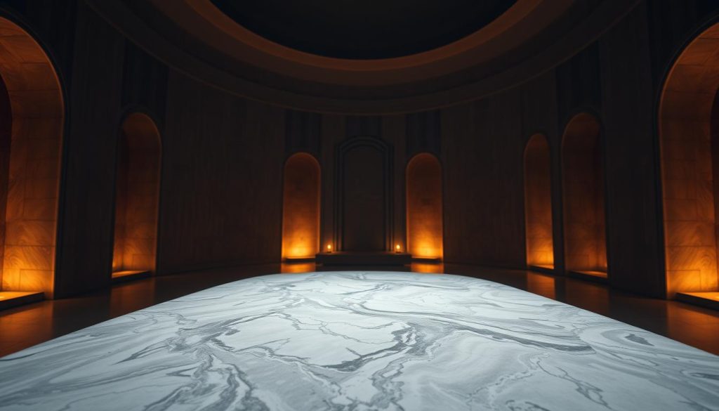 A dimly lit, luxurious göbek taşı (Turkish marble massage table) lies in the center of a grand, domed chamber. Soft, diffused lighting from overhead fixtures illuminates the smooth, intricate patterns of the gray and white marble, casting a serene and calming ambiance. The background is filled with towering, curved architectural elements and high ceilings, their surfaces reflecting the warm glow of the lighting. The overall atmosphere evokes a sense of tranquility and seclusion, perfectly suited for a rejuvenating massage experience.