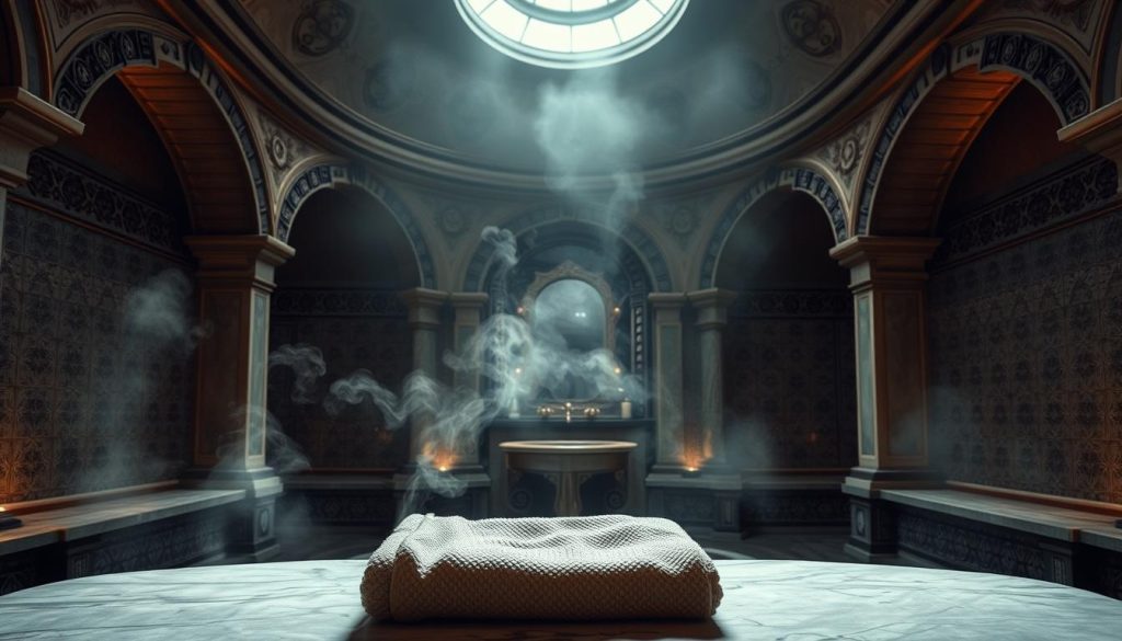A dimly lit, opulent Turkish hammam interior with intricately carved stone arches, ornate tile work, and soft, diffused lighting. In the foreground, a luxurious marble slab adorned with a plush, folded towel. Wisps of steam gently rise, creating a hazy, atmospheric ambiance. The middle ground features a traditional washbasin and ornate faucets, while the background showcases a domed ceiling with a centralized oculus, allowing natural light to filter in. The overall scene evokes a sense of tranquility, relaxation, and the rejuvenating rituals of the Turkish bath experience.