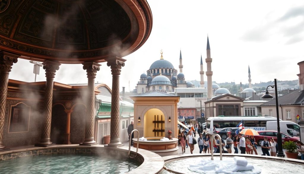 A lush, vibrant scene of Istanbul's renowned Hamam and Spa establishments, showcasing the allure of these iconic Turkish bathing rituals. In the foreground, the ornate interiors of a traditional Hamam, with its domed ceilings, intricate tile work, and steamy atmosphere, invite the viewer to experience the timeless luxury of this centuries-old tradition. In the middle ground, a modern Spa sanctuary emerges, its sleek, minimalist design and soothing ambiance juxtaposing the Hamam's opulent grandeur. The background is filled with the bustling streets of Istanbul, the iconic minarets and domes of its historic mosques, and the vibrant hustle of this captivating city. The lighting is soft and warm, creating an inviting and serene atmosphere, while the composition and camera angle capture the essence of the two distinct yet equally enchanting experiences awaiting the discerning massage seeker.