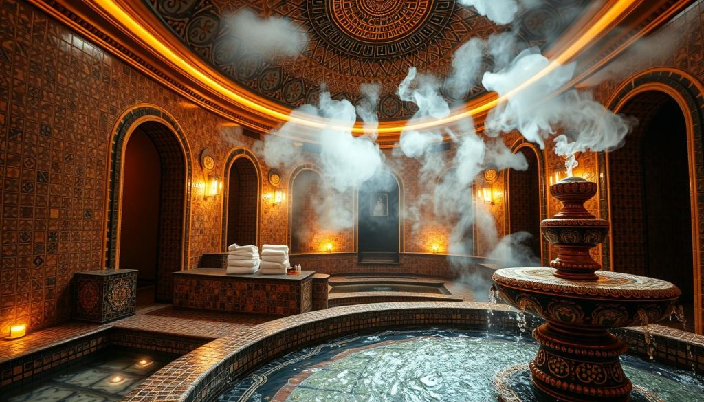 A luxurious Turkish hammam interior with intricate tile patterns, warm lighting, and wisps of aromatic steam. In the foreground, a detailed mosaic fountain gurgles with rejuvenating waters. The middle ground features plush towels, fragrant soaps, and a scattering of essential oils. In the background, an ornate domed ceiling casts a gentle glow, evoking a sense of timeless tranquility. The scene conveys the benefits of this ritual detoxification process: improved circulation, renewed skin, and a profound state of relaxation. Captured with a wide-angle lens to showcase the grandeur of the space.