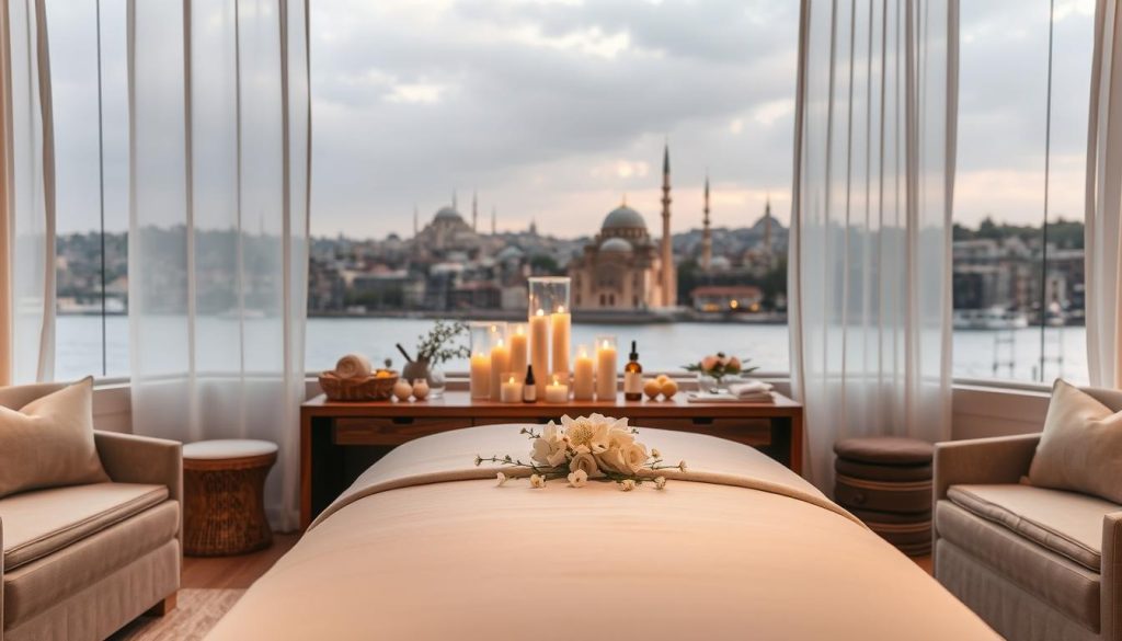 A serene and luxurious massage studio in the heart of Istanbul, with plush, neutral-toned furnishings and soft, diffused lighting. In the foreground, a beautifully crafted wooden massage table, topped with crisp white linens and delicate floral accents. In the middle ground, a collection of fragrant candles and calming essential oils, their flickering flames casting a warm, soothing glow. The background features a panoramic view of the iconic Istanbul skyline, with the majestic Bosphorus River and the distant silhouettes of mosques and minarets. An atmosphere of tranquility and harmony, where the body and mind are seamlessly united in a transformative experience.