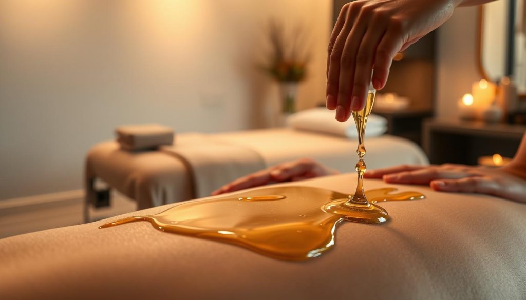 A serene and luxurious scene depicting the art of "gold therapy" in a boutique massage studio. In the foreground, a delicate gold-infused oil glistens on the skin, applied with gentle, soothing strokes. The middle ground features a plush, gilded massage table adorned with soft, warm lighting, casting a cozy, inviting ambiance. In the background, a tranquil, minimalist spa-like setting with subtle, earthy tones and natural elements, such as plants or stone, creating a sense of balance and harmony. The overall mood is one of indulgence, relaxation, and a harmonious blend of art, aesthetics, and therapeutic touch. A serene and luxurious scene depicting the art of "gold therapy" in a boutique massage studio. In the foreground, a delicate gold-infused oil glistens on the skin, applied with gentle, soothing strokes. The middle ground features a plush, gilded massage table adorned with soft, warm lighting, casting a cozy, inviting ambiance. In the background, a tranquil, minimalist spa-like setting with subtle, earthy tones and natural elements, such as plants or stone, creating a sense of balance and harmony. The overall mood is one of indulgence, relaxation, and a harmonious blend of art, aesthetics, and therapeutic touch.