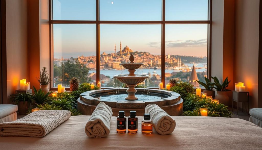 A serene and luxurious spa setting in Istanbul highlighting signature spa treatments. In the foreground, display a beautifully arranged massage table adorned with soft, fluffy towels and aromatic essential oils. The middle ground features an elegant stone fountain surrounded by lush greenery and flickering candles, creating a tranquil ambiance. In the background, large windows showcase the enchanting Istanbul skyline during golden hour, with soft, warm sunlight filtering through. Use a wide-angle lens perspective to capture the depth of the space, emphasizing its calming atmosphere. The overall mood should be one of relaxation and rejuvenation, embodying the unique and lavish experiences offered in Istanbul's boutique spas.