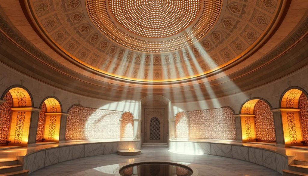 A serene and ornate hammam interior, bathed in warm, ambient lighting. The central domed space features intricate tile work and arched alcoves, creating a tranquil and contemplative atmosphere. Soft, diffused light filters through the perforated dome, casting gentle shadows that dance across the smooth marble surfaces. The overall design blends traditional Ottoman architecture with a contemporary, minimalist sensibility, evoking a sense of timeless elegance and quiet respite. A serene and ornate hammam interior, bathed in warm, ambient lighting. The central domed space features intricate tile work and arched alcoves, creating a tranquil and contemplative atmosphere. Soft, diffused light filters through the perforated dome, casting gentle shadows that dance across the smooth marble surfaces. The overall design blends traditional Ottoman architecture with a contemporary, minimalist sensibility, evoking a sense of timeless elegance and quiet respite.