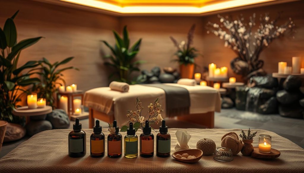 A serene, dimly-lit spa setting with a plush massage table, surrounded by lush greenery, flickering candles, and soothing water features. Soft, warm lighting creates a comforting ambiance, highlighting the smooth textures of natural stone and wood accents. Delicate floral arrangements and aromatic essential oils infuse the air, inviting a deep, restorative relaxation. In the foreground, an array of massage oils and tools are meticulously arranged, ready to facilitate a transformative wellness experience. The overall scene exudes a sense of tranquility and harmony, reflecting the expertise and care of the boutique massage treatments. A serene, dimly-lit spa setting with a plush massage table, surrounded by lush greenery, flickering candles, and soothing water features. Soft, warm lighting creates a comforting ambiance, highlighting the smooth textures of natural stone and wood accents. Delicate floral arrangements and aromatic essential oils infuse the air, inviting a deep, restorative relaxation. In the foreground, an array of massage oils and tools are meticulously arranged, ready to facilitate a transformative wellness experience. The overall scene exudes a sense of tranquility and harmony, reflecting the expertise and care of the boutique massage treatments.