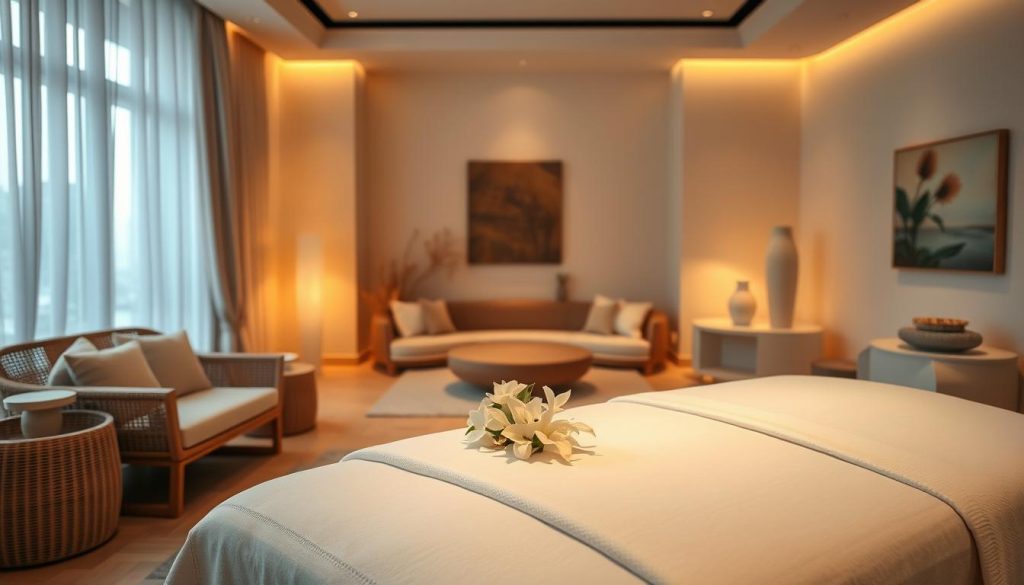 A serene interior of a luxury spa, emulating understated elegance. In the foreground, a beautifully arranged massage table, adorned with soft, neutral-toned linens and a delicate arrangement of white flowers. The middle ground features plush seating with natural textures—woven rattan and soft, muted cushions—surrounded by gentle ambient lighting. Warm, diffused light filters through sheer curtains, creating a calming atmosphere. In the background, subtle decorative elements such as minimalist art pieces and a softly lit, tranquil water feature enhance the serenity of the space. The overall mood is one of relaxation and comfort, inviting the viewer to experience a slow break from the fast pace of life, exuding warmth and attention to detail. A serene interior of a luxury spa, emulating understated elegance. In the foreground, a beautifully arranged massage table, adorned with soft, neutral-toned linens and a delicate arrangement of white flowers. The middle ground features plush seating with natural textures—woven rattan and soft, muted cushions—surrounded by gentle ambient lighting. Warm, diffused light filters through sheer curtains, creating a calming atmosphere. In the background, subtle decorative elements such as minimalist art pieces and a softly lit, tranquil water feature enhance the serenity of the space. The overall mood is one of relaxation and comfort, inviting the viewer to experience a slow break from the fast pace of life, exuding warmth and attention to detail.