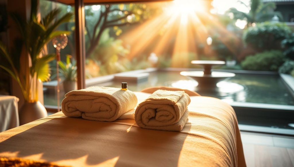 A serene massage studio bathed in warm, golden light. On a plush massage table, soft towels and aromatic oils wait, inviting the recipient to sink into a state of deep relaxation. In the background, lush greenery and a calming water feature create a sense of tranquility, transporting the viewer to a peaceful oasis amidst the bustling city. The image emanates a soothing atmosphere, conveying the long-lasting benefits of a mindful massage experience - restored balance, reduced stress, and a renewed sense of well-being.