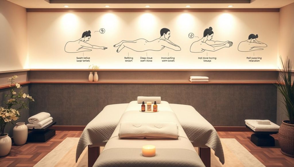 A serene massage studio with soft lighting, calming atmosphere, and an array of massage techniques artfully displayed. Plush therapist's table at the center, adorned with delicate floral arrangements. Soothing essential oils and warm towels create a sensorial experience. Massage techniques such as Swedish, deep tissue, and hot stone are depicted through dynamic illustrations, each showcasing their unique benefits - relieving muscle tension, improving circulation, and promoting relaxation. The composition captures the harmonious balance of the art of massage therapy. A serene massage studio with soft lighting, calming atmosphere, and an array of massage techniques artfully displayed. Plush therapist's table at the center, adorned with delicate floral arrangements. Soothing essential oils and warm towels create a sensorial experience. Massage techniques such as Swedish, deep tissue, and hot stone are depicted through dynamic illustrations, each showcasing their unique benefits - relieving muscle tension, improving circulation, and promoting relaxation. The composition captures the harmonious balance of the art of massage therapy.