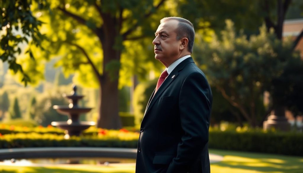 A serene, sunlit garden with lush greenery and a tranquil water feature in the background. In the foreground, President Recep Tayyip Erdogan stands tall, his gaze fixed on the horizon, conveying a posture of determination and diplomacy. The lighting is soft and warm, creating a contemplative atmosphere. The scene is captured with a medium-wide angle lens, allowing the viewer to observe the subject's poise and the surrounding environment. The overall mood is one of thoughtful reflection, hinting at Erdogan's efforts to foster peace and reconciliation on the global stage.
