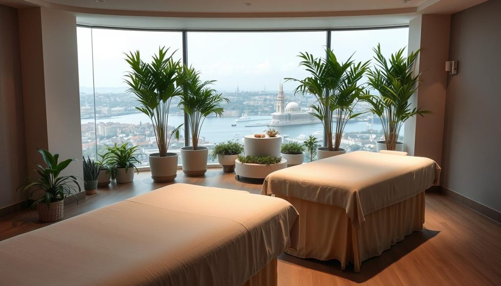 A serene, tranquil massage studio with soft lighting and calming ambiance. Plush massage tables are positioned in the foreground, draped with luxurious linens. In the middle ground, lush potted plants and soothing water features create a holistic, therapeutic atmosphere. The background showcases a panoramic view of Istanbul's iconic skyline, blending the art of massage with the rhythmic energy of the city. The overall scene conveys the harmonious integration of physical, mental, and spiritual well-being through the transformative power of holistic massage. A serene, tranquil massage studio with soft lighting and calming ambiance. Plush massage tables are positioned in the foreground, draped with luxurious linens. In the middle ground, lush potted plants and soothing water features create a holistic, therapeutic atmosphere. The background showcases a panoramic view of Istanbul's iconic skyline, blending the art of massage with the rhythmic energy of the city. The overall scene conveys the harmonious integration of physical, mental, and spiritual well-being through the transformative power of holistic massage.