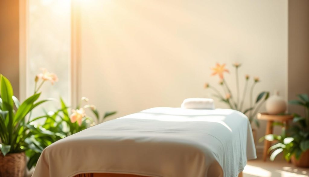 A serene wellness oasis, bathed in warm, soothing light. In the foreground, a luxurious massage table, its crisp white linens inviting touch and relaxation. Surrounding it, lush, vibrant greenery and delicate floral accents, evoking a sense of tranquility and natural harmony. Soft, diffused lighting casts a gentle glow, creating an atmosphere of rejuvenation and well-being. The scene radiates a palpable aura of restorative, therapeutic energy, a visual embodiment of the tangible benefits of massage therapy. A serene wellness oasis, bathed in warm, soothing light. In the foreground, a luxurious massage table, its crisp white linens inviting touch and relaxation. Surrounding it, lush, vibrant greenery and delicate floral accents, evoking a sense of tranquility and natural harmony. Soft, diffused lighting casts a gentle glow, creating an atmosphere of rejuvenation and well-being. The scene radiates a palpable aura of restorative, therapeutic energy, a visual embodiment of the tangible benefits of massage therapy.