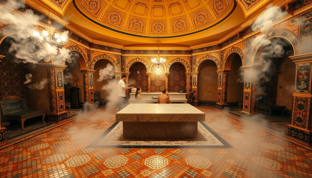 A tranquil scene in a traditional Turkish hammam, the steam-filled air permeated with the scent of fragrant oils. In the foreground, a mosaic-tiled floor with intricate patterns, warm and inviting. Overhead, a domed ceiling with ornate lighting fixtures casts a soft, ambient glow. In the middle ground, a raised marble slab, where patrons recline and undergo the ritual of exfoliation and cleansing, attended by skilled attendants. The background reveals the hammam's opulent architecture, with arched alcoves and decorative tilework, conveying a sense of timeless elegance and serenity. The overall atmosphere is one of tranquility, rejuvenation, and respect for local customs.