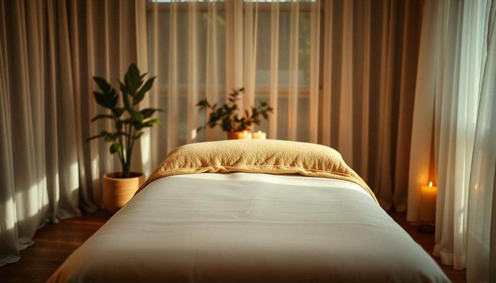 A tranquil scene of a Swedish massage in a serene, dimly lit room. Soft, natural lighting filters through sheer curtains, creating a warm, soothing atmosphere. The massage table is positioned in the center, draped in crisp white linens. Plush, earthy-toned pillows and a cozy blanket suggest a nurturing, comforting experience. In the background, a potted plant and a few candles flicker, their gentle flames casting a calming glow. The overall mood is one of relaxation, emotional restoration, and a quiet respite from the outside world. A tranquil scene of a Swedish massage in a serene, dimly lit room. Soft, natural lighting filters through sheer curtains, creating a warm, soothing atmosphere. The massage table is positioned in the center, draped in crisp white linens. Plush, earthy-toned pillows and a cozy blanket suggest a nurturing, comforting experience. In the background, a potted plant and a few candles flicker, their gentle flames casting a calming glow. The overall mood is one of relaxation, emotional restoration, and a quiet respite from the outside world.