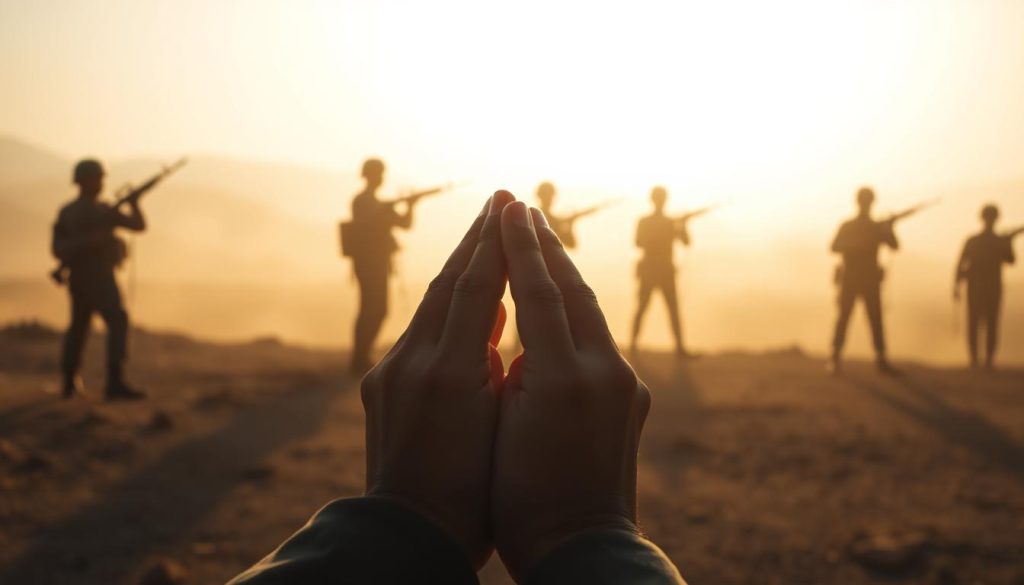 A tranquil scene of a ceasefire agreement, with the silhouettes of soldiers standing amid a hazy, sunlit landscape. In the foreground, a pair of hands clasped in a gesture of peace, casting a warm glow over the scene. The middle ground depicts distant figures lowering their weapons, while the background is filled with a soft, diffused light that evokes a sense of fragile calm. The overall atmosphere is one of cautious optimism, with a hint of uncertainty, reflecting the tenuous nature of fragile agreements.