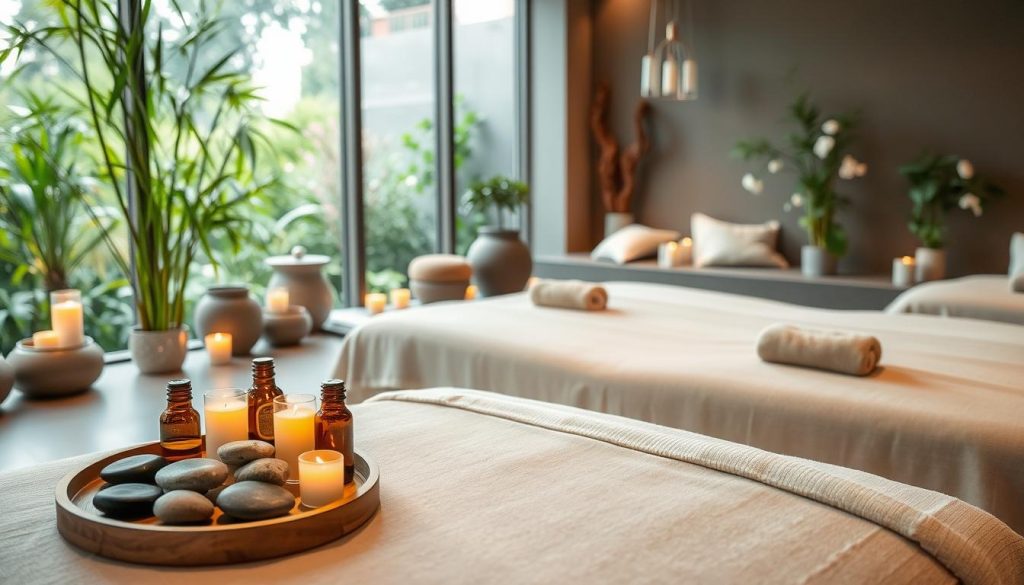 A tranquil spa setting showcasing a sensory journey treatment, featuring elegantly arranged massage tables draped in soft, neutral linens. In the foreground, a beautifully arranged tray holds aromatic essential oils, smooth stones, and herbal teas, creating an inviting atmosphere. The middle ground reveals calming decor, such as bamboo plants and candlelight casting warm glows, while soft textures are emphasized by plush cushions and tranquil water features. In the background, large windows offer a glimpse of a peaceful garden, filled with green foliage and blooming flowers that enhance the sense of serenity. The lighting is soft and diffused, evoking a peaceful ambiance, and the overall mood is one of relaxation and rejuvenation, inviting viewers to imagine their own calming escape from the urban hustle of Istanbul. A tranquil spa setting showcasing a sensory journey treatment, featuring elegantly arranged massage tables draped in soft, neutral linens. In the foreground, a beautifully arranged tray holds aromatic essential oils, smooth stones, and herbal teas, creating an inviting atmosphere. The middle ground reveals calming decor, such as bamboo plants and candlelight casting warm glows, while soft textures are emphasized by plush cushions and tranquil water features. In the background, large windows offer a glimpse of a peaceful garden, filled with green foliage and blooming flowers that enhance the sense of serenity. The lighting is soft and diffused, evoking a peaceful ambiance, and the overall mood is one of relaxation and rejuvenation, inviting viewers to imagine their own calming escape from the urban hustle of Istanbul.