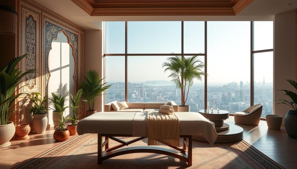 An opulent, sun-drenched interior of an Istanbul wellness center, showcasing a harmonious blend of traditional Turkish design elements and modern holistic practices. In the foreground, a sleek massage table is flanked by potted plants and warm lighting, setting the stage for a tranquil, therapeutic experience. The middle ground features a serene lounge area with plush seating and decorative tiles, inviting visitors to unwind and connect with the space. In the background, a large window offers a glimpse of the bustling city skyline, creating a sense of urban oasis. The overall atmosphere exudes a perfect balance of authenticity, relaxation, and integrative wellness.