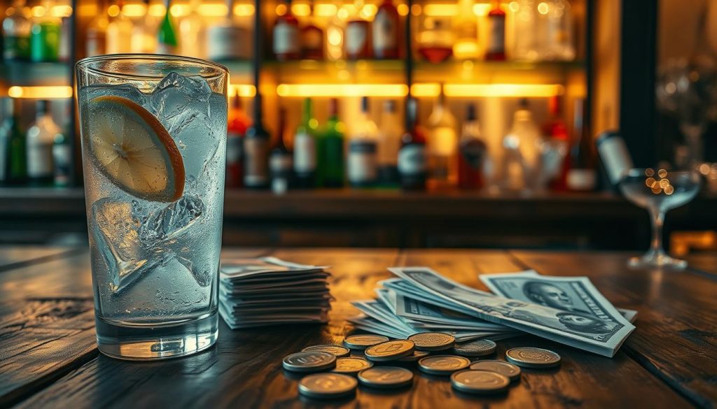 A close-up view of a rustic, wooden table filled with cash notes and coins, highlighting the theme of money associated with drinks and prices. In the foreground, a glass of sparkling drink with ice and a slice of lemon sits next to a small stack of various banknotes, creating a sense of financial transactions. The middle layer features a blurred background of softly illuminated shelves stocked with assorted liquor bottles and sparkling glassware, adding depth. Warm, inviting lighting casts gentle reflections on the table, enhancing the atmosphere of a cozy, intimate setting. The overall mood conveys intrigue and contemplation about the hidden costs of enjoying a drink, encapsulating the theme of money and value without the presence of any human figures. A close-up view of a rustic, wooden table filled with cash notes and coins, highlighting the theme of money associated with drinks and prices. In the foreground, a glass of sparkling drink with ice and a slice of lemon sits next to a small stack of various banknotes, creating a sense of financial transactions. The middle layer features a blurred background of softly illuminated shelves stocked with assorted liquor bottles and sparkling glassware, adding depth. Warm, inviting lighting casts gentle reflections on the table, enhancing the atmosphere of a cozy, intimate setting. The overall mood conveys intrigue and contemplation about the hidden costs of enjoying a drink, encapsulating the theme of money and value without the presence of any human figures.