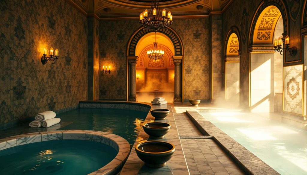 A luxurious and serene hammam spa interior in Istanbul, showcasing intricate tile work and warm, ambient lighting. The foreground features elegant marble basins filled with soothing water, surrounded by soft towels and traditional bowls, emphasizing the culture of relaxation. In the middle ground, ornate arches and decorative sconces bathe the space in golden light, accentuating the rich textures of the walls and floors. The background reveals a steam-filled area with gentle shadows, enhancing the tranquility of the atmosphere. The overall mood is one of peace and indulgence, inviting viewers to experience a world of wellness and comfort typical of Istanbul's top hammams and spas. Shot with a soft focus lens to create a dreamy, ethereal quality, capturing the essence of a rejuvenating escape.