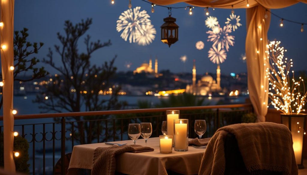 A serene New Year's Eve scene in Istanbul, featuring a beautifully decorated terrace overlooking the Bosphorus. In the foreground, elegant candles flicker atop a table set for two, with a cozy wool blanket draped over a plush chair. Soft, glowing fairy lights create a warm ambiance. In the middle, traditional Turkish lanterns hang from the canopy, casting magical shadows. In the background, the city's iconic skyline sparkles with fireworks illuminating the night sky, as the majestic silhouette of the Hagia Sophia is slightly visible. The atmosphere is calm yet festive, conveying a peaceful celebration of the New Year, with a gentle breeze rustling nearby trees. The image captures a moment of tranquility and joy, ideal for reflecting on serenity during the holiday season.