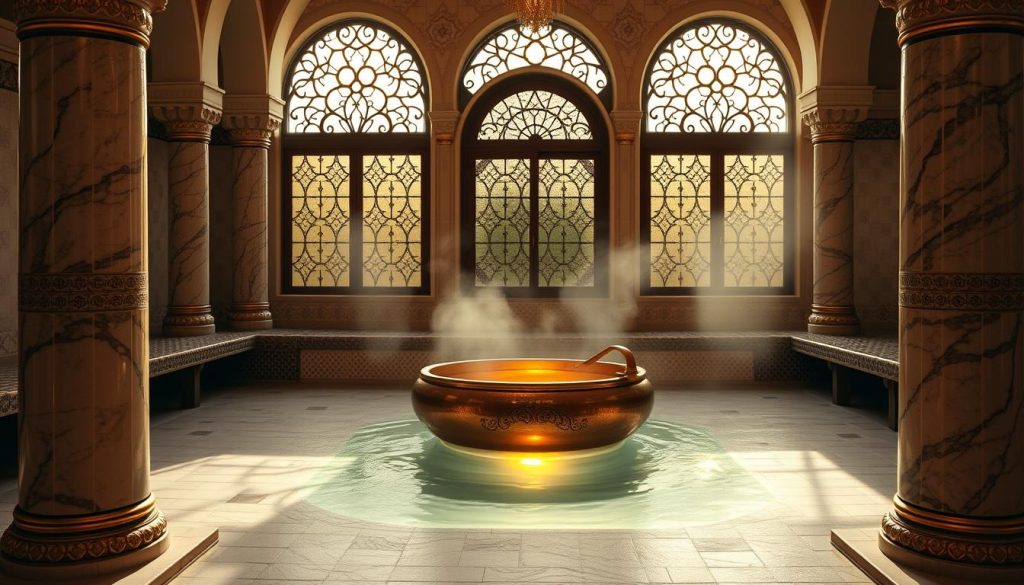 A serene Turkish bath interior, capturing the essence of relaxation and luxury. In the foreground, intricately designed marble pillars, adorned with geometric patterns and subtle gold accents, create an inviting atmosphere. A softly glowing copper basin filled with warm water reflects the ambient light. In the middle, traditional mosaic-tiled benches are arranged around the room, giving a sense of symmetry and calm. The backdrop features large, arched windows displaying intricate stained glass, allowing gentle sunlight to filter in, casting patterns on the smooth stone floor. The overall mood is tranquil and rejuvenating, enhanced by steam rising delicately, creating a soft haze in the space. The lighting is warm and inviting, emphasizing the textures of the marble and tiles, evoking a sense of escape and serenity.