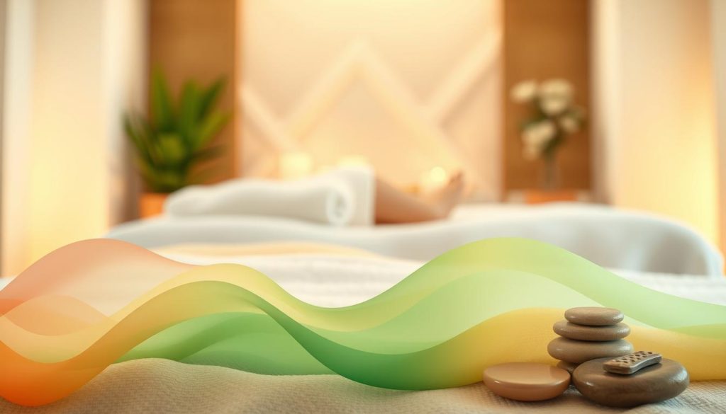 A serene and calming composition illustrating somatic therapy body sensations. In the foreground, abstract representations of body sensations take shape as colorful waves and soft shapes, symbolizing warmth and relaxation. In the middle ground, gentle textures resembling skin tones blend harmoniously, evoking feelings of touch and well-being. The background features a tranquil massage space with soft lighting casting a warm glow, creating an inviting atmosphere. Delicate elements like stones or plants can be subtly incorporated to enhance the natural theme. The image should evoke a sense of peacefulness and healing, with a gentle color palette dominated by earthy tones like greens and warm beige, emphasizing a connection to body awareness and emotional release.