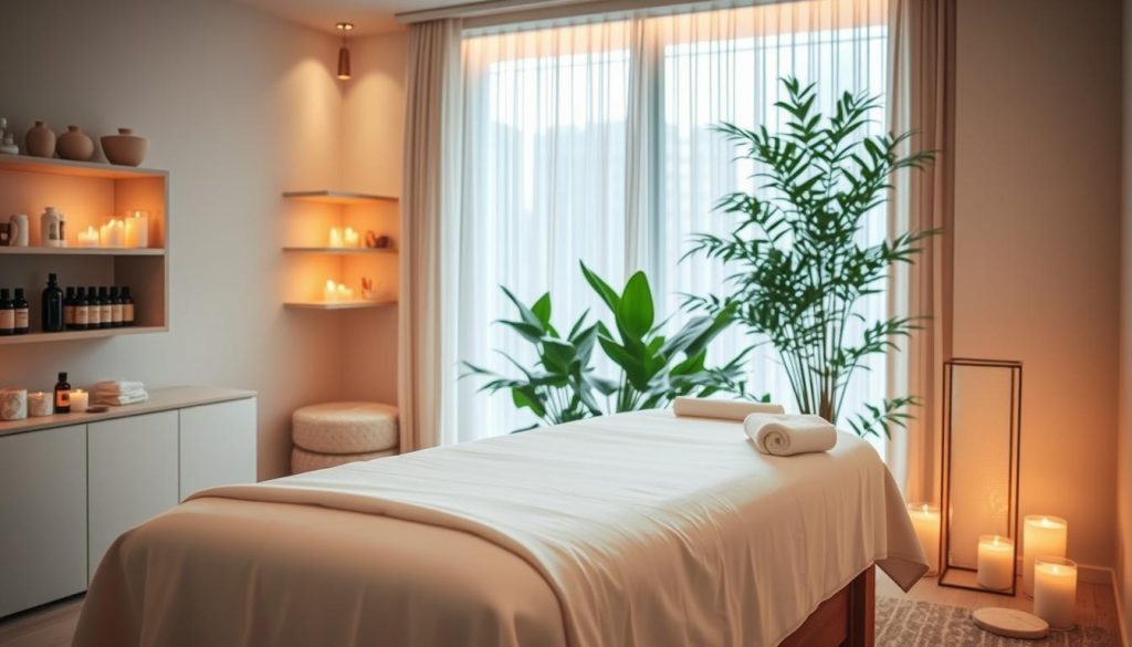 A serene and calming spa environment, featuring an elegant massage room with soft lighting to evoke relaxation. In the foreground, place a beautifully arranged massage table draped with white linen and surrounded by aromatic candles softly glowing. The middle ground includes shelves filled with essential oils and massage tools, creating a sense of tailored services. In the background, add a large window with sheer curtains, allowing natural light to filter in, alongside lush green plants for a rejuvenating atmosphere. The overall mood should be tranquil and inviting, evoking the feeling of a sanctuary where body and mind rejuvenation takes place. Capture this scene with a soft focus and a warm color palette to enhance the sense of peace and well-being.